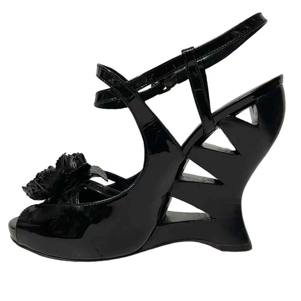 BOTTEGA VENETA Patent Leather Floral Cutout Wedge Heel Sandals 36.5